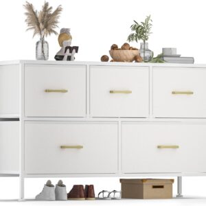 YILQQPER Bedroom 5 Drawer Dresser, White Dresser with Fabric Drawer, Drawer Cabinet PU Finish, Metal Handle, Closet Kids Room, TV Stand up to 43 inches, White (White, 5 Drawers)