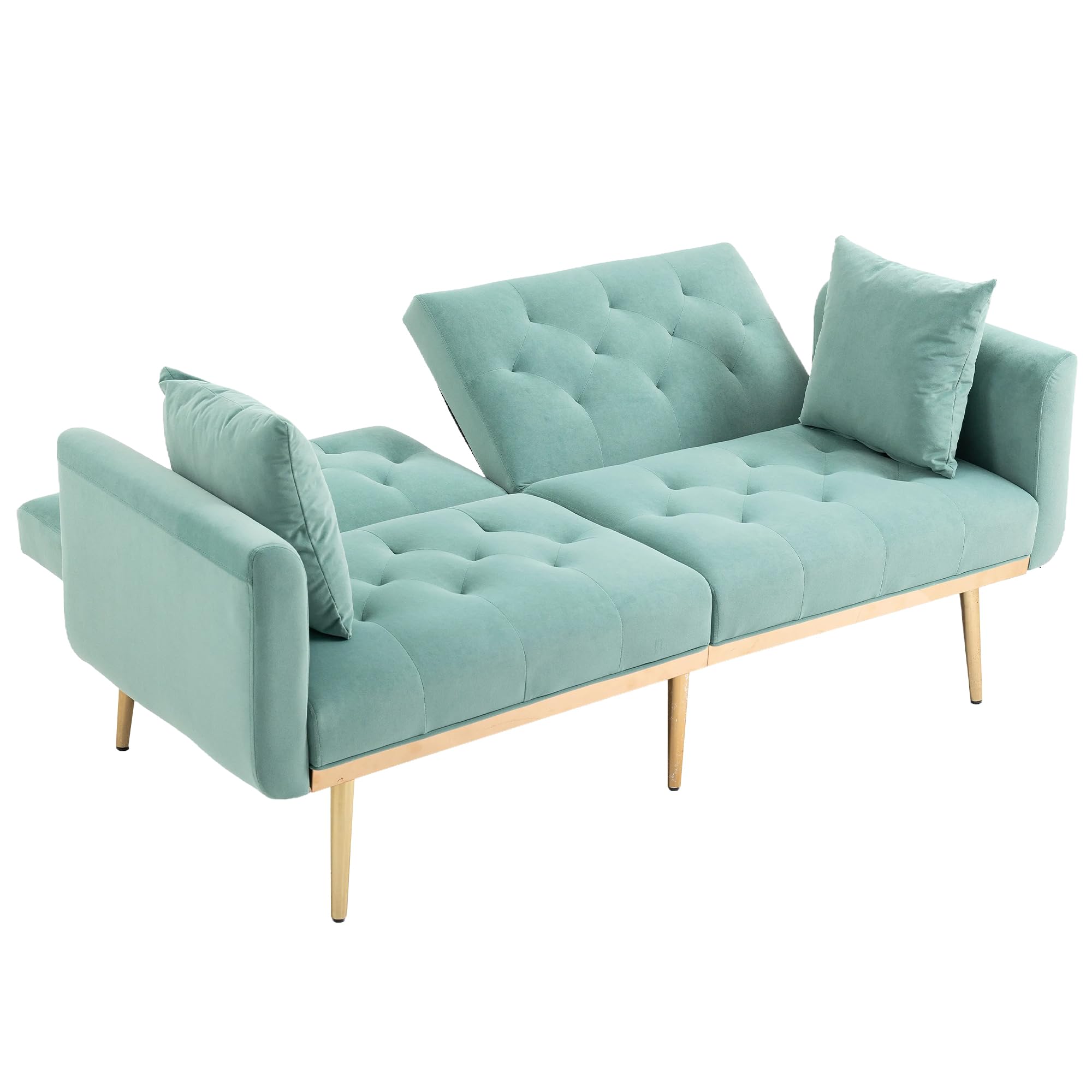 Convertible Futon Sofa Bed, 65 Inch Modern Velvet Tufted Upholstered Accent Loveseat Sofa with 2 Pillows and Adjustable Backrest Folding Sleeper Sofa Bed with Metal Legs for Living Room, Mint Green