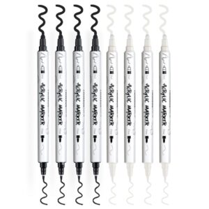 TRANSON 4 Black and 4 White Paint Pens Bold and Fine Dual-tip Acrylic Paint Marker Set for Rock Painting Glass Canvas Wood Leather Ceramic Painting