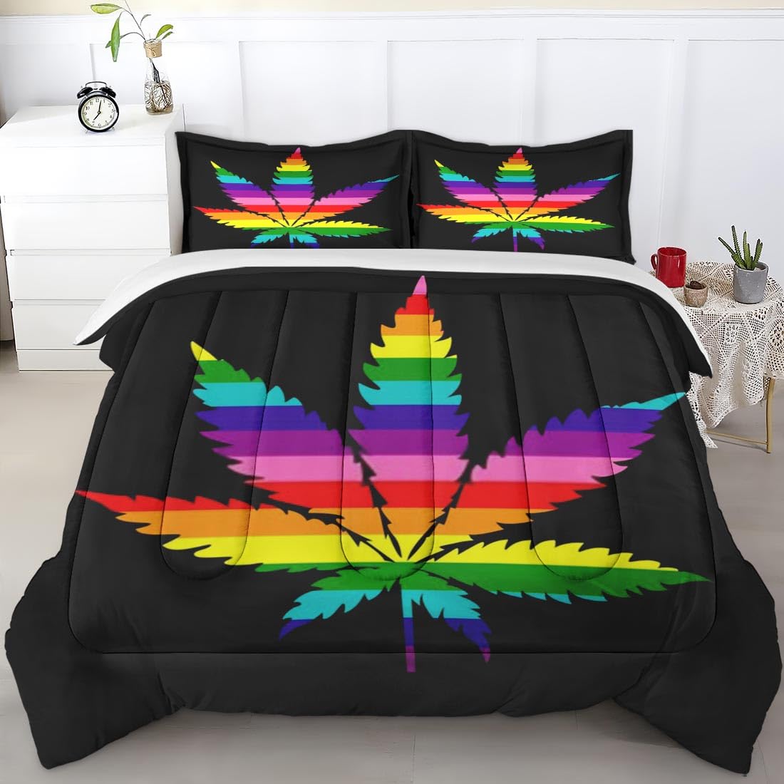 Pinbeam Comforter Set Queen Size, Rainbow Leaf Gay Pride Bedding Set for Kids and Adults Bedroom Decor, Love Women Teenage Comforter Set and 2 Pillow Cases