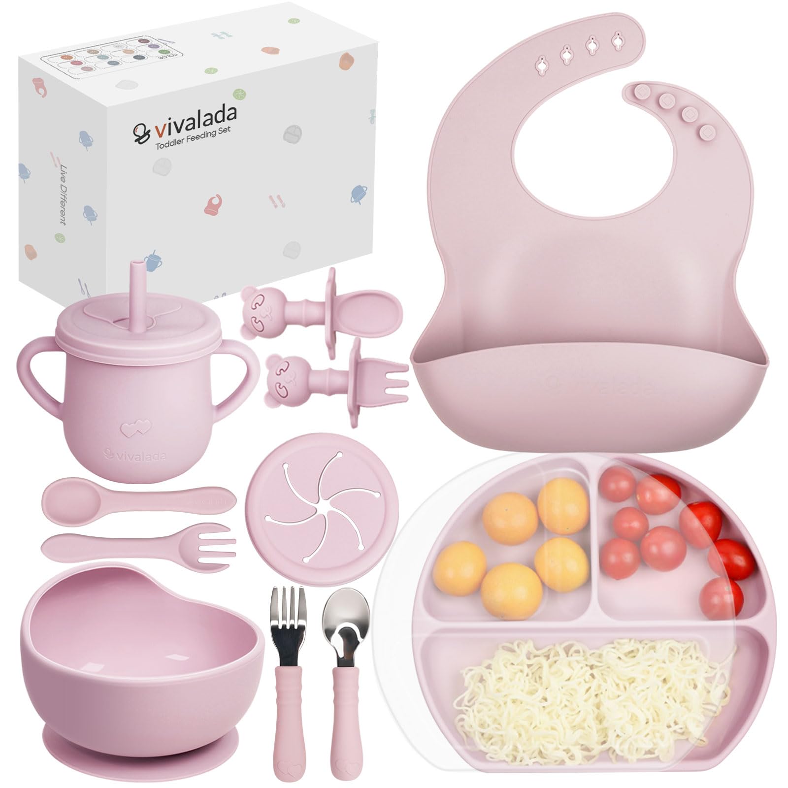 Vivalada Silicone Baby Feeding Set - 12PCS Baby Led Weaning Supplies, Baby Suction Plate with Lid and Bowl Set, Baby Self Feeding Spoons Forks Sippy Cup and Bib, Baby Eating Set 6+ Months (Pink)