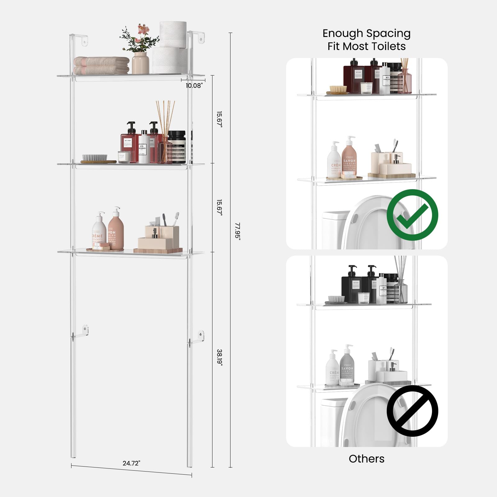 Sumerflos Acrylic Over The Toilet Storage Shelf - 3 Tier Clear Over-The-Toilet Bathroom Organizer Rack Above Toilet Shelves Standing for Bathroom Living Room Bedroom Modern