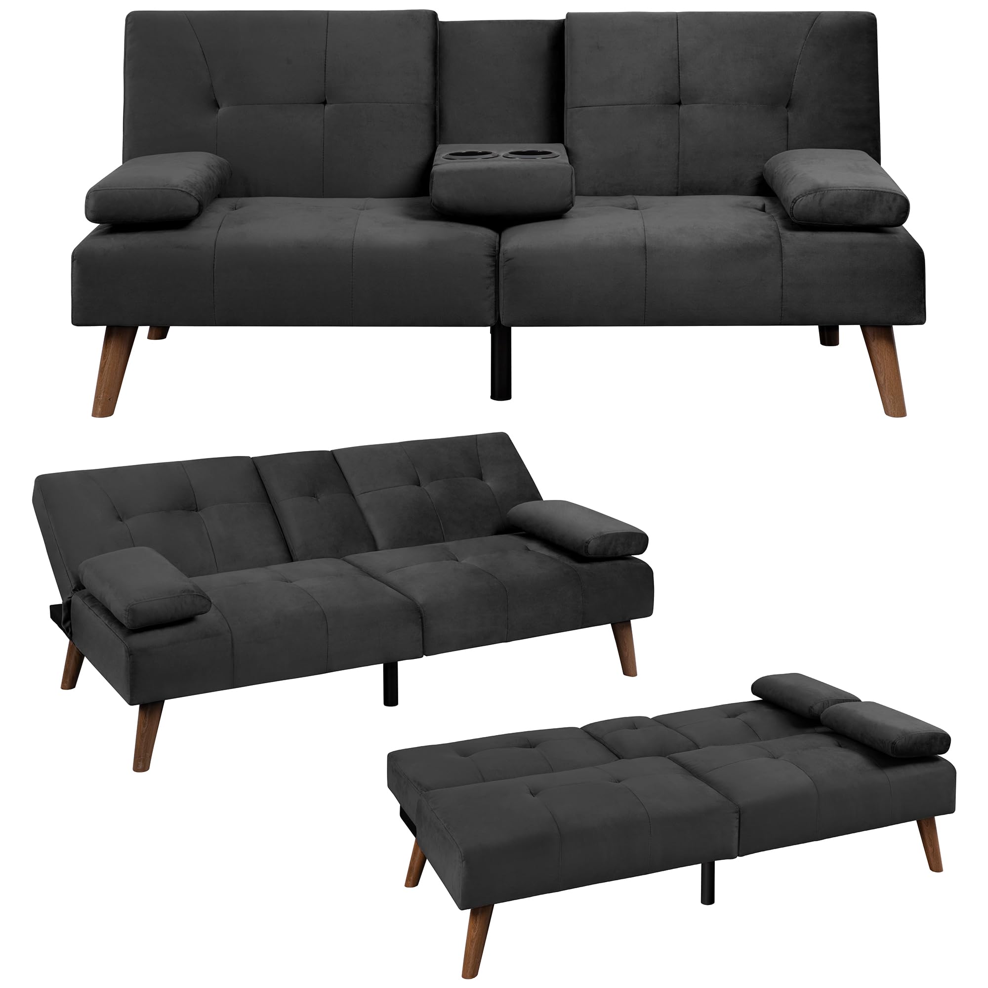 Meilocar Futon Sofa Bed Velvet, 60" Loveseat Futon Sofa Bed with Removable Armrests, Adjustable Recliner Guest Bed Daybed Sofa for Small Space with Cup Holders, 3 Angles, Black