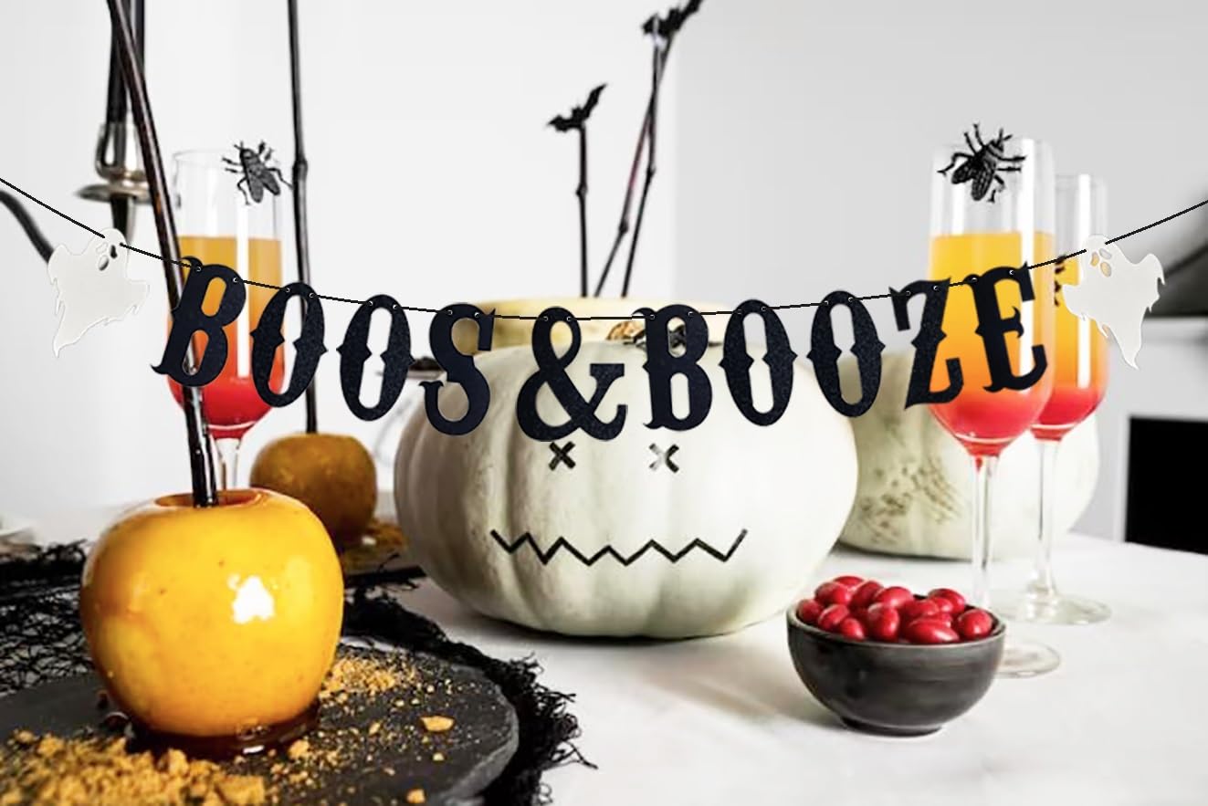 Black Halloween Boos & Booze Banner, Black Glittery Halloween Party Banner for Hocus Pocus Party Decorations, Halloween Bachelorette Party Decorations,Boos and Booze Decor