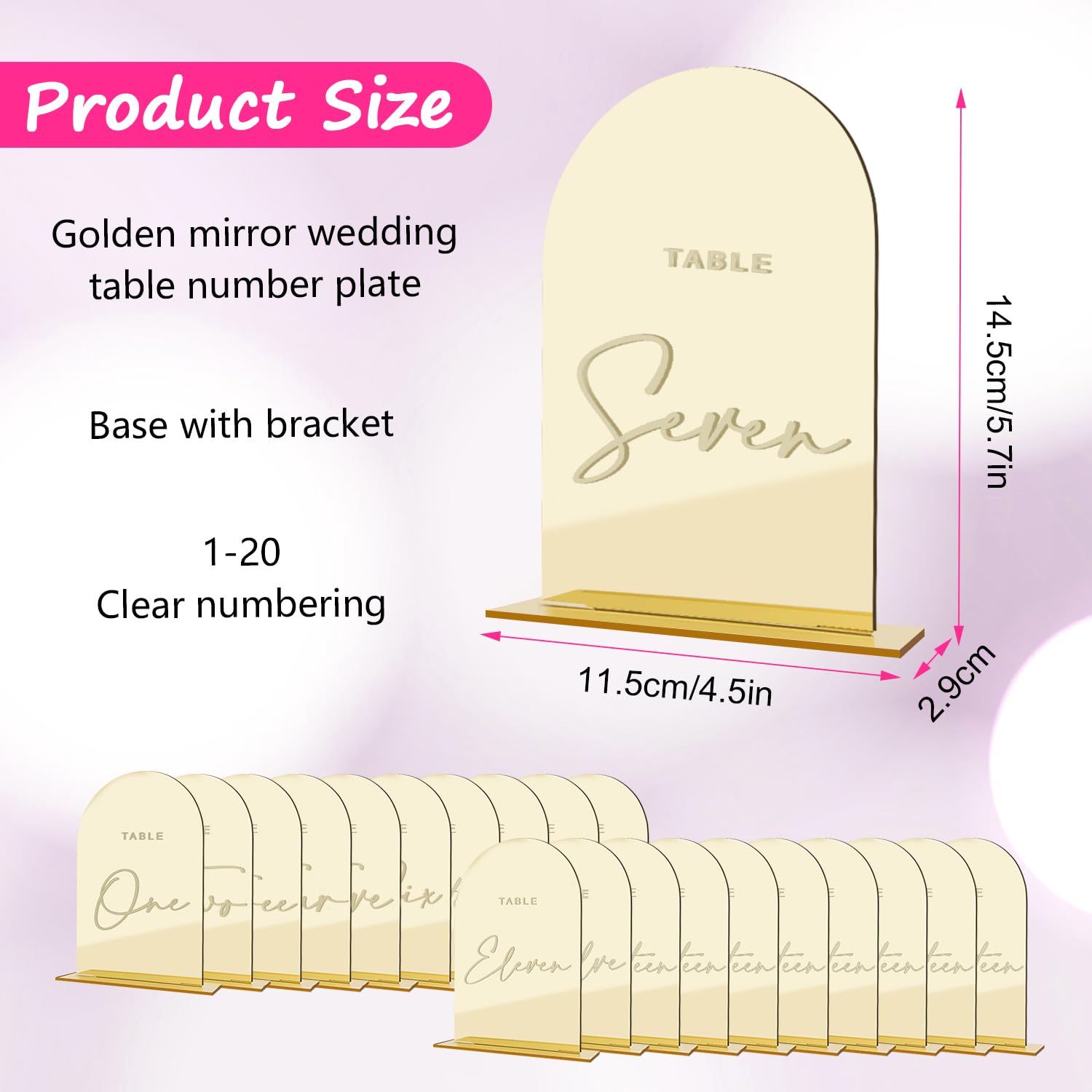 20 Pcs Gold Mirror Acrylic Arch Table Numbers for Wedding Reception, 4.5×5.7 Inch Gold Acrylic Wedding Table Signs 1-20 with Holders, Minimalist Style Gold Mirror Arch Table Numbers, for Restaurant