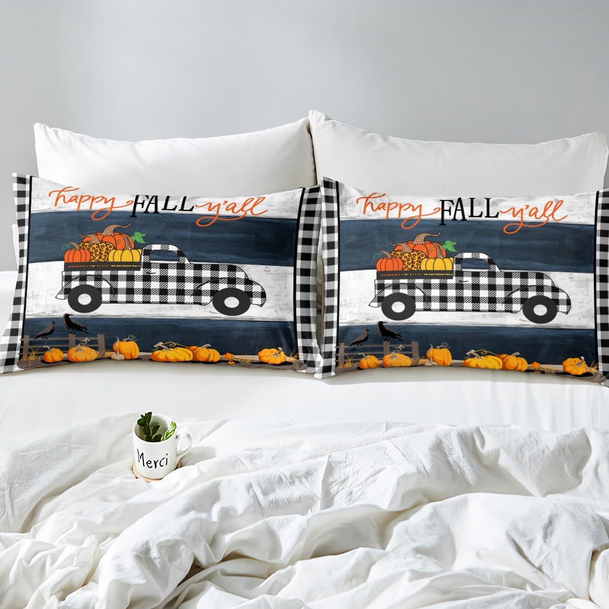 Fall Queen Size Fitted Sheet Pumpkin Bed Sheet Set for Kids Boys Girls Women Men Thanksgiving Decorations Black White Plaid Bedding Set Autumn Harvest Car Bedding Sheets Grey Blue Bedroom Decor 3Pcs