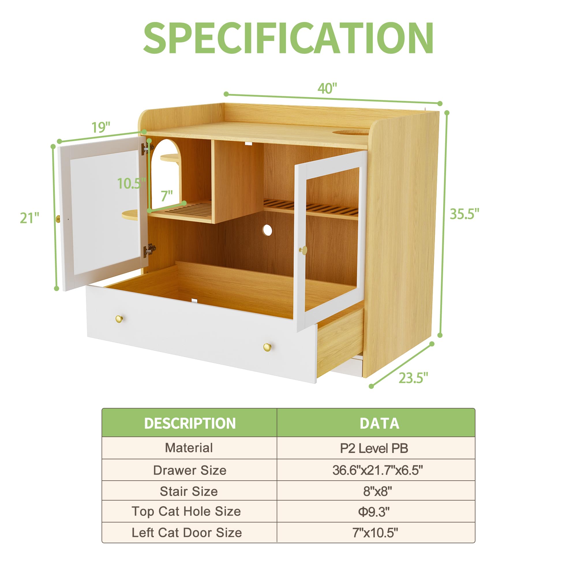 MOOLIVE Large Cat Litter Box Enclosure, Hidden Cat Litterbox Furniture with Drawer and Litter Leak Runway, Wooden Cat House Washroom for Bedroom, Living Room, Can Hold 2 Litterbox, White+Natural