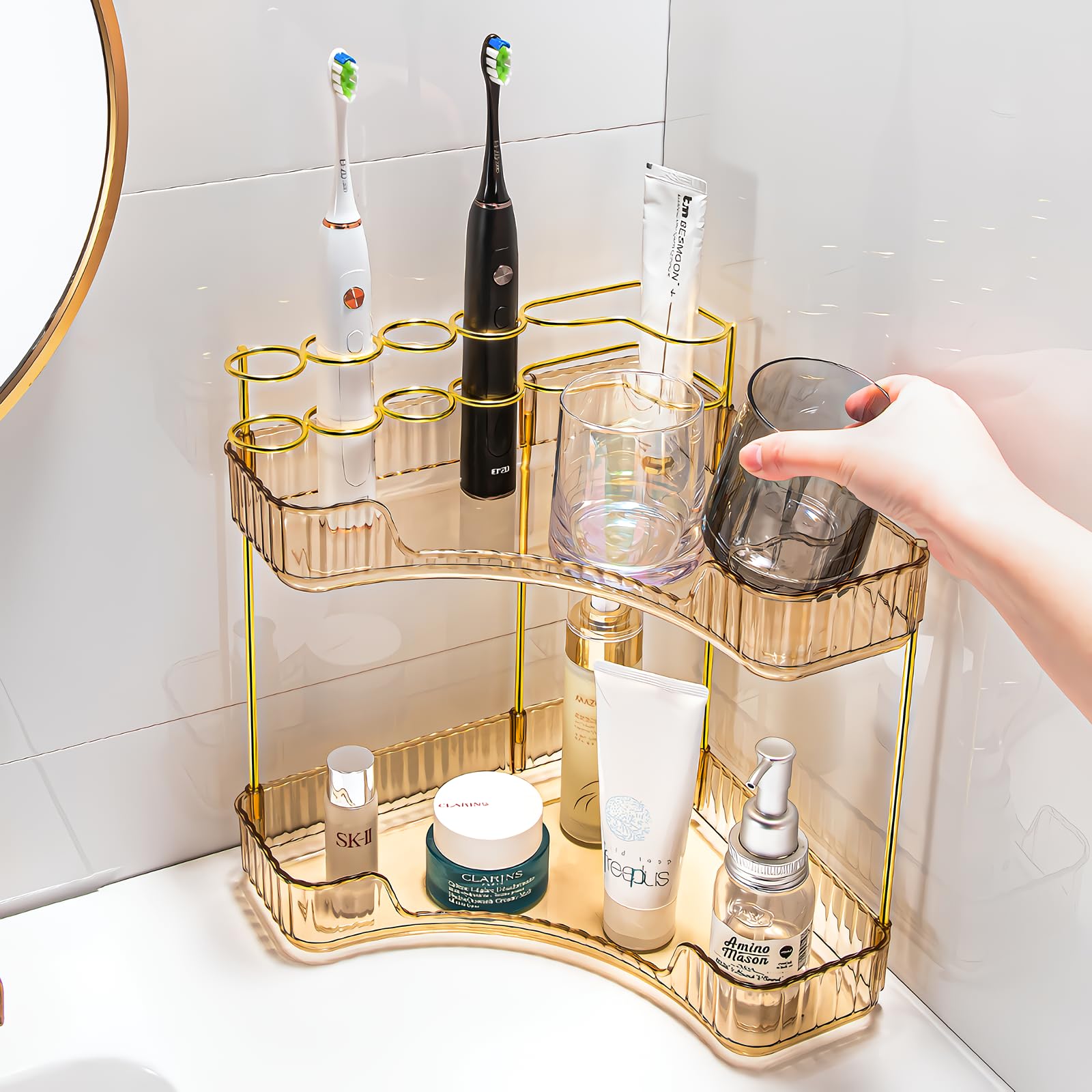 Ghtlves 2-Tier Corner Bathroom Counter Organizer, Gold, Metal