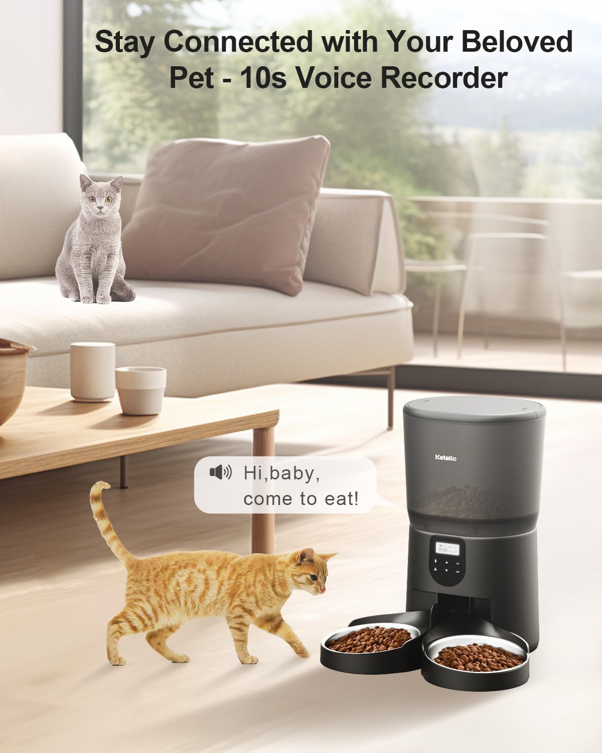 Automatic Cat Feeders for Two Cats, Katalic 6L/25.4cup Double Automatic Cat Food Dispenser with 2 Stainless Bowls,10s Meal Call and Timer Setting 20 Portions 4 Meals Per Day,Pet Feeder for Cat and Dog