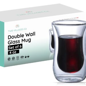 Two Villages CA 4 Oz Double Wall Borosilicate Insulated Glass Coffee Mug Set of 6, 120ml Coffee Cups with Handle for Tea, Latte - Perfect Espresso Cup Gift