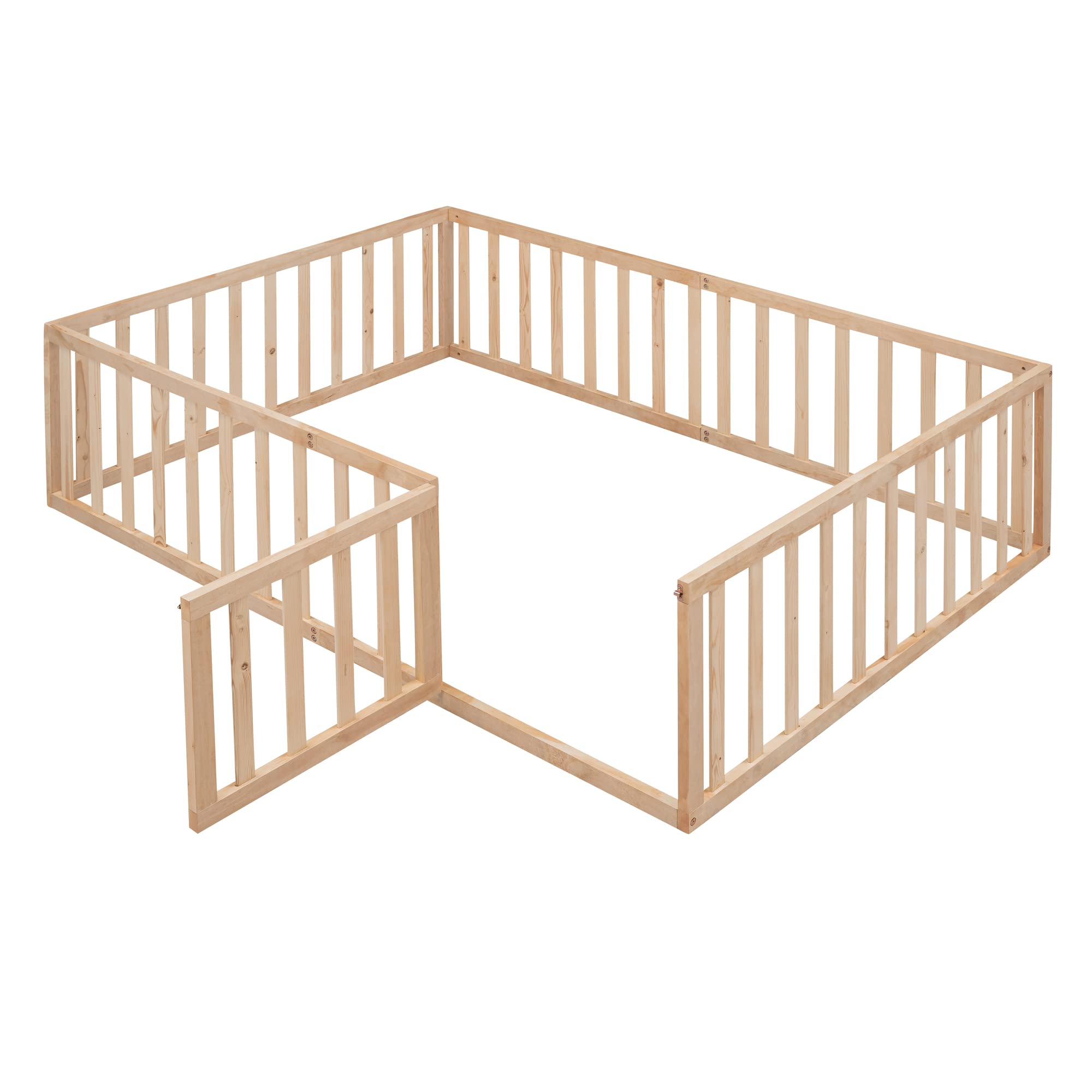 Full Size Floor Bed with Safety Fence and Door and Slats，Wood Montessori Floor Bed for Kids，No Box Spring Needed,for Boys Girls,(Natural)