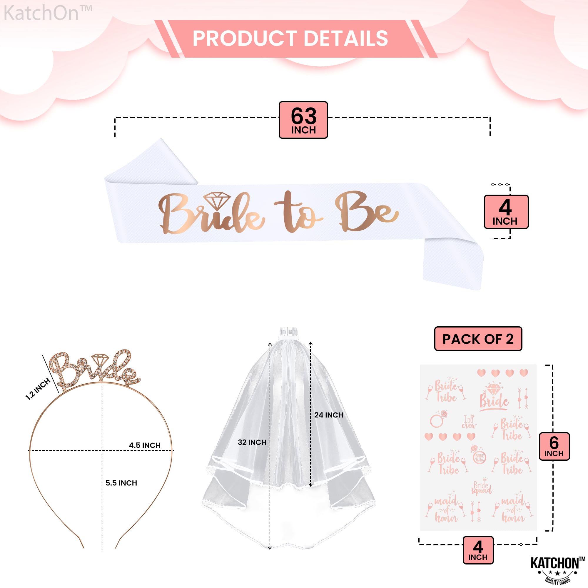 KatchOn, Bride To Be Decorations Kit - Pack of 5 | Bride To Be Sash, Headband, Tattoos, Veil | Bride Sash Bachelorette Party Decorations | Bridal Shower Decorations | Bachelorette Party Accessories