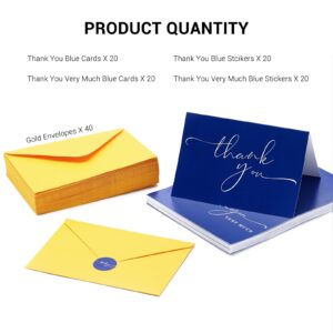 CDXHOME 40 Classy Navy Blue Thank You Cards - Greeting Notes for Wedding,Business,Graduation,Birthday,Party,Anniversary,Baby Shower|Blank Inside|Includes Gold Envelopes & Stickers