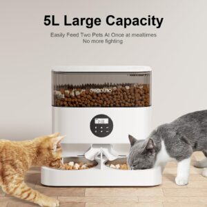 Espelho Automatic Cat Feeders for 2 Cats - 5L Timed Cat Food Dispenser with 2 Stainless Steel Bowls, 10s Meal Call Programmable Portion Control Pet Feeder with Desiccant Bag for Cats & Dogs