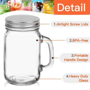 Keketin 16 oz Glass Mason Jars with Lids,9 Pack Reusable Drinking Mason Jars with Handle,480ml Glass Overnight Oats Jar,Beer Mugs for Smoothies,Preserve,Cocktails,Party Favors