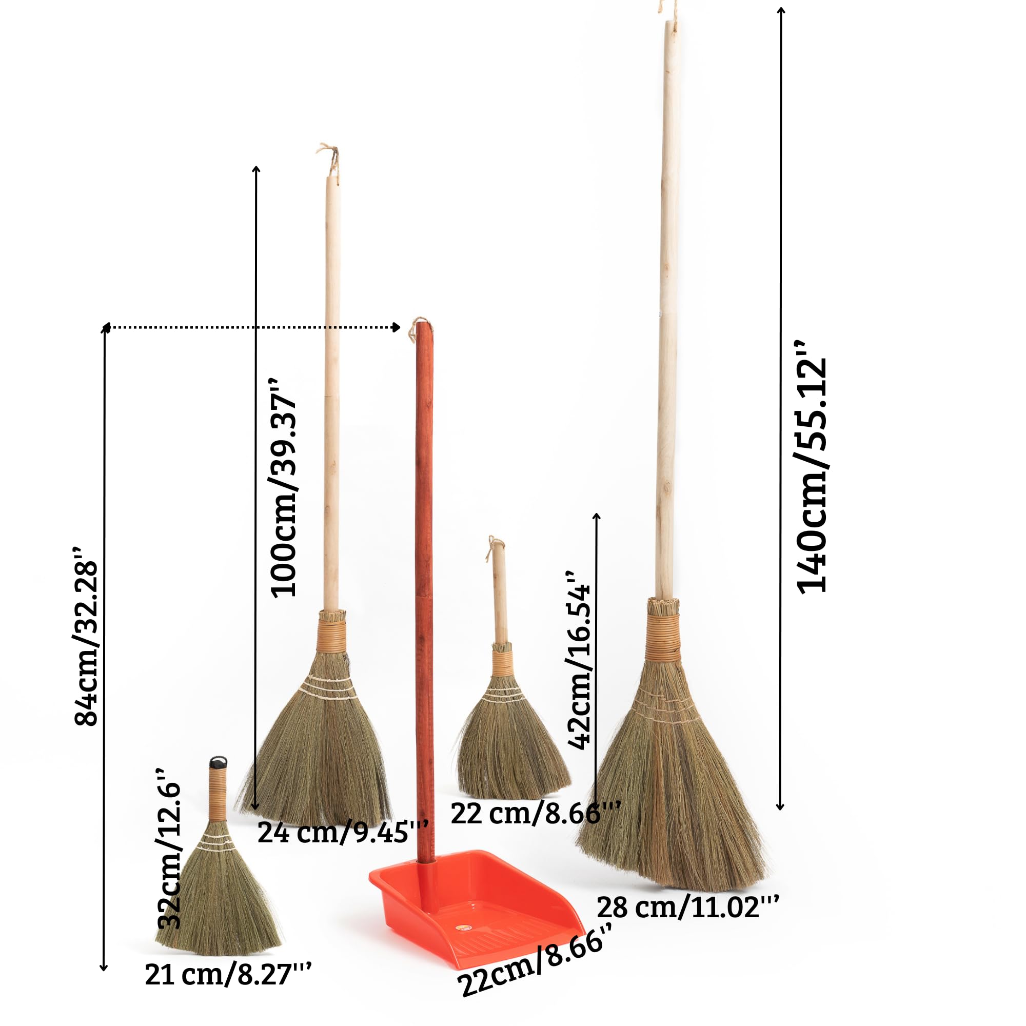 Broom and Dustpan Set for Home, Set of 4 Broom - Large Straw Soft Broom, Hand Whisk Broom, Small Broom, Mini Broom and Dustpan Set with Long Handle for Office, Home Indoor Outdoor…