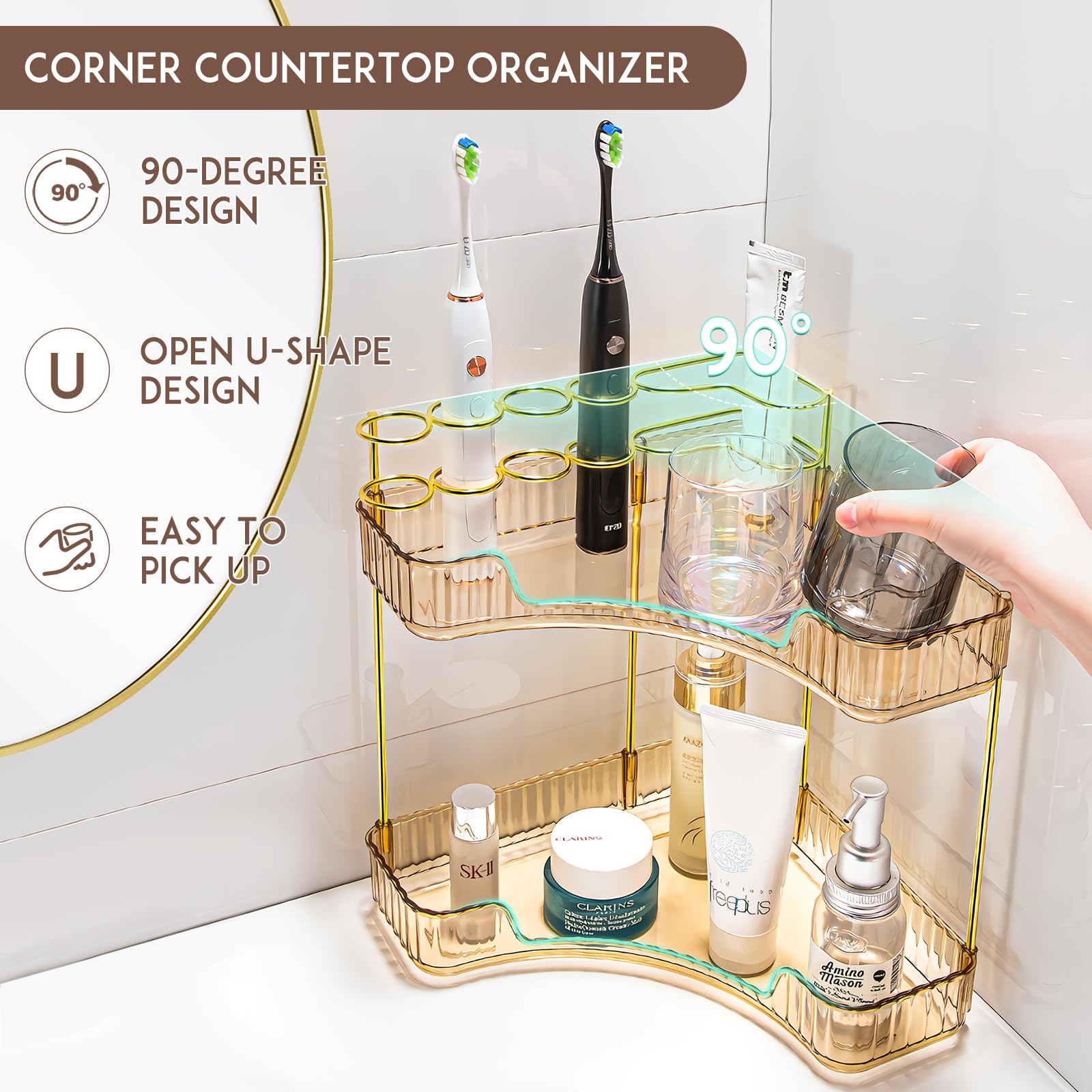 Ghtlves 2-Tier Corner Bathroom Counter Organizer, Gold, Metal