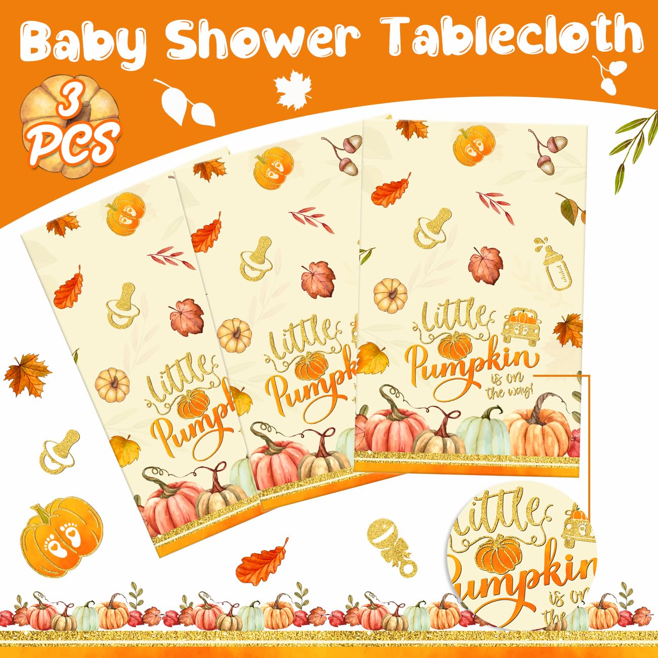 Little Pumpkin Baby Shower Decorations 3Pcs Little Pumpkin is On The Way Tablecloths Fall Theme Disposable Plastic Rectangle Table Covers for Autumn Thanksgiving Boy Girl Baby Shower Party Supplies