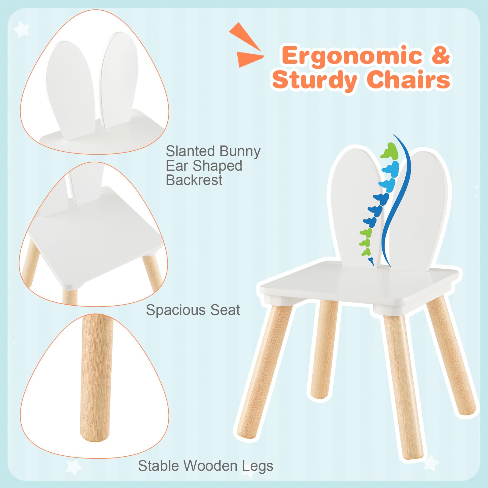 HONEY JOY Kids Table and Chair Set, Children Wooden Activity Table & 2 Chairs Set, Solid Wood Legs, Easy Assembly, 3 Piece Rabbit Themed Toddler Furniture Set for Art Craft (White)