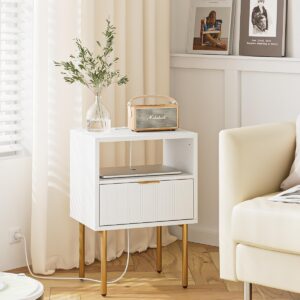 AEPOALUA Nightstand with Charging Station,Small Bedside Table with Gold Frame,White Night Stand,Bedside Furniture,Side Table with Drawer and Shelf for Bedroom,Living Room,Stripe