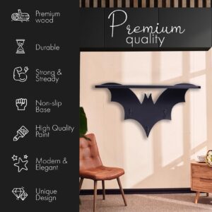 SEREIINO Spooky Bat Floating Shelf - Gothic Wall Coffin Shelf for Bedroom - Halloween Batman Wall Decor for Oddities and Curiosities - Black Crystal Shelves with 3 Key Hooks - Witchy Gifts for Women