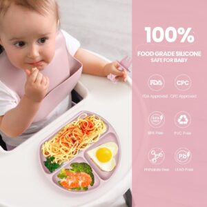 Vivalada Silicone Baby Feeding Set - 12PCS Baby Led Weaning Supplies, Baby Suction Plate with Lid and Bowl Set, Baby Self Feeding Spoons Forks Sippy Cup and Bib, Baby Eating Set 6+ Months (Pink)