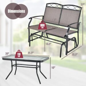 Giantex Patio Glider Bench Set - Outdoor Loveseat Glider Chair with Tempered Glass Coffee Table, Metal Frame, 800 Lbs Weight Capacity, Gliding Rocking Chair Set for Patio, Porch, Yard (2 PCS, Brown)