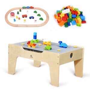 krand kid's multi-purpose activity play table with 60 big building bricks and 30-piece wooden train set for toddlers(big-peg baseplate version)