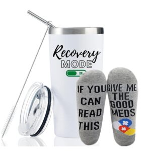 funny get well soon gifts for women, men, 20oz hospital mug, recovery mode on, surgery recovery gifts for chemo patients, comes with funny recovery socks for women and men, thinking of you gift.