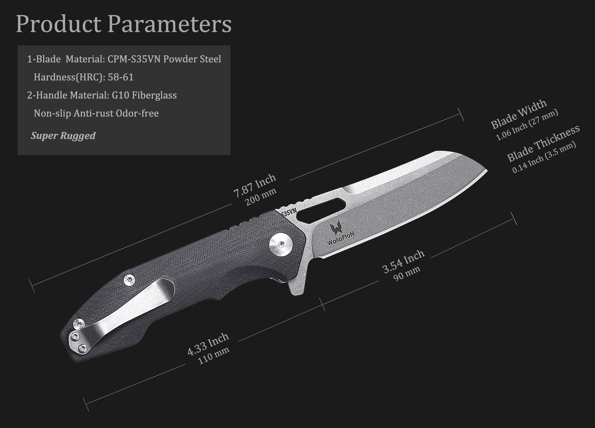 WALLOPTON Camping Folding Knife - S35VN Powder Steel G10 Handle Comfortable Grip - Great for Cutting Hunting Hiking Survival, Father’s Day Gifts for Men Husband Dad. Include Sheath & Screwdriver