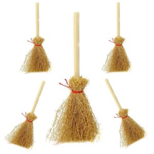 5pcs halloween mini handmade craft straw brooms with red rope,mini witches prop broom models for halloween party decorative accessory hangings decorations