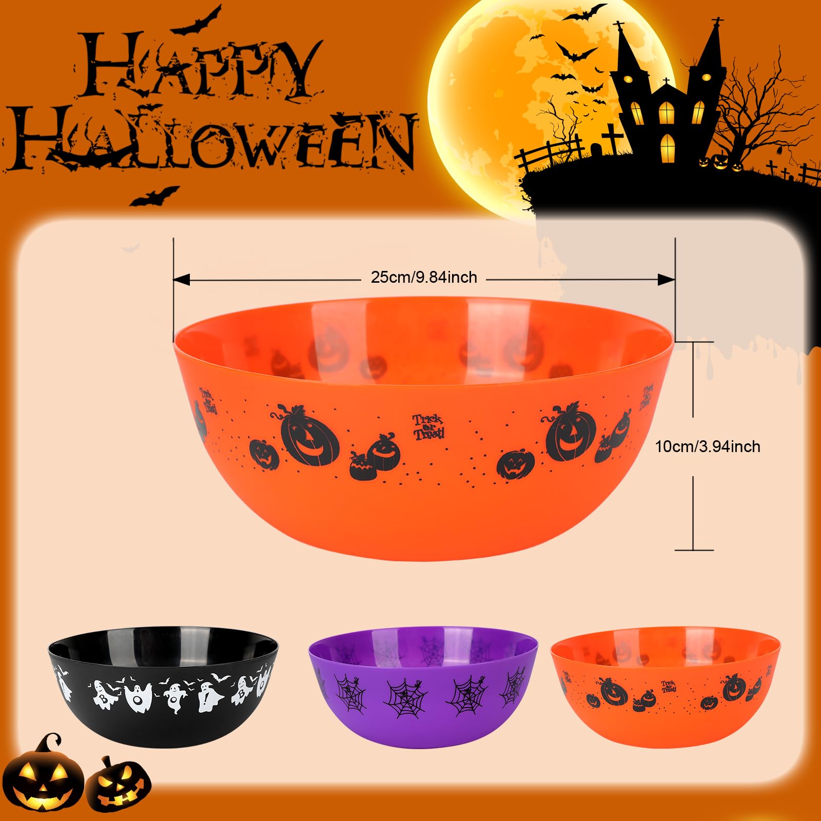 3 Pieces Halloween Candy Bowl Halloween Plastic Trick Treat Candy Bowls halloween pumpkin bucket Plastic Serving Bowl Tableware halloween serving bowl Halloween Party Supplies (Orange Purple Black)