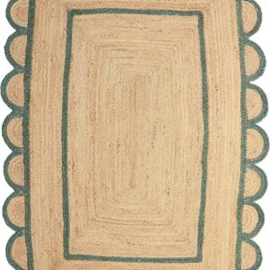 The Weaver House Natural Scalloped Jute Area Rug Bohemian Scallop Boho Decor Area Handwoven Custom Rugs Decorative Rug Reversible Braided Rugs (BD6-6x9-GRN)