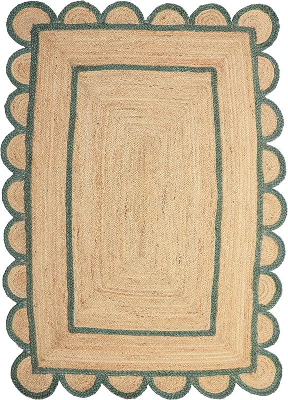 The Weaver House Natural Scalloped Jute Area Rug Bohemian Scallop Boho Decor Area Handwoven Custom Rugs Decorative Rug Reversible Braided Rugs (BD6-6x9-GRN)