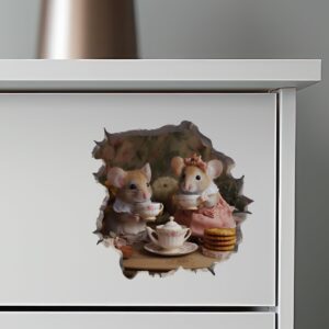 Tea Time Mice Mouse Hole Wall Decal with 3D Effect – Whimsical Removable Vinyl Sticker for Kids' Rooms & Home Decor