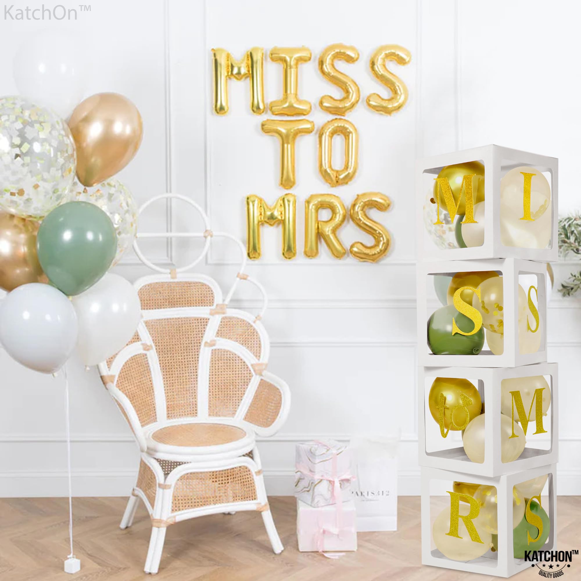 KatchOn, Miss to Mrs Balloon Boxes with Balloons - 12 Inch, Pack of 44 | Bridal Shower Balloon Boxes for White And Gold Bridal Shower Decorations | Bride Balloons Box, Bachelorette Party Decorations