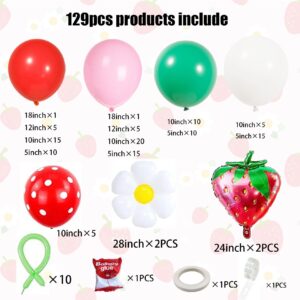 Strawberry Balloons Arch Kit Red Light Pink Green and White with Daisy Foil Balloon for Strawberry Party Decoration Girls Birthday berry sweet baby shower decorations