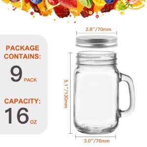 Keketin 16 oz Glass Mason Jars with Lids,9 Pack Reusable Drinking Mason Jars with Handle,480ml Glass Overnight Oats Jar,Beer Mugs for Smoothies,Preserve,Cocktails,Party Favors