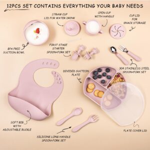 Vivalada Silicone Baby Feeding Set - 12PCS Baby Led Weaning Supplies, Baby Suction Plate with Lid and Bowl Set, Baby Self Feeding Spoons Forks Sippy Cup and Bib, Baby Eating Set 6+ Months (Pink)