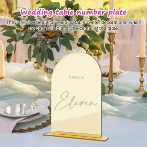 20 Pcs Gold Mirror Acrylic Arch Table Numbers for Wedding Reception, 4.5×5.7 Inch Gold Acrylic Wedding Table Signs 1-20 with Holders, Minimalist Style Gold Mirror Arch Table Numbers, for Restaurant