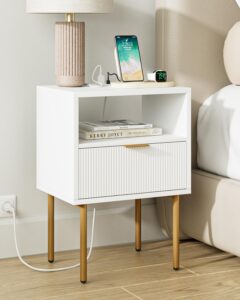 aepoalua nightstand with charging station,small bedside table with gold frame,white night stand,bedside furniture,side table with drawer and shelf for bedroom,living room,stripe