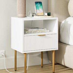 AEPOALUA Nightstand with Charging Station,Small Bedside Table with Gold Frame,White Night Stand,Bedside Furniture,Side Table with Drawer and Shelf for Bedroom,Living Room,Stripe