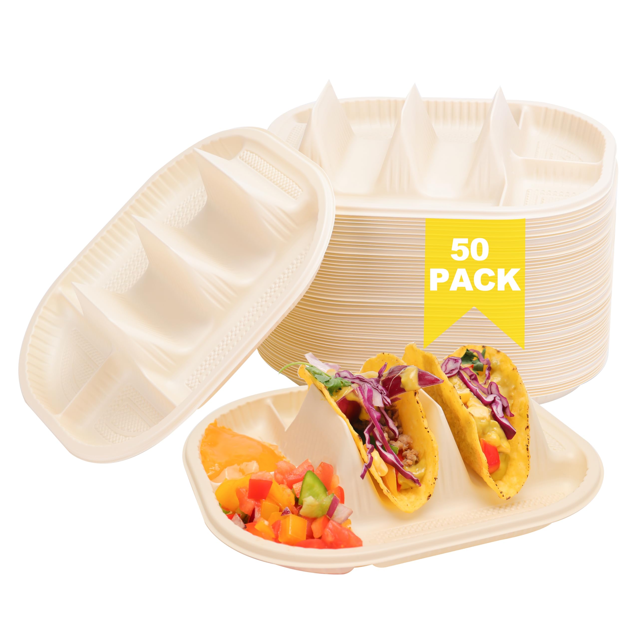 LUVCOSY 50 Pcs Small Disposable Taco Plates for Party, Cornstarch Taco Holders with 2 Dipping Areas, Hold for 2 Tacos, Square Fiesta Taco Trays for Taco Night, Microwave Safe