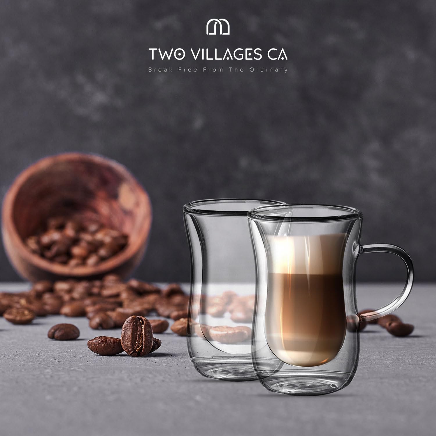 Two Villages CA 4 Oz Double Wall Borosilicate Insulated Glass Coffee Mug Set of 6, 120ml Coffee Cups with Handle for Tea, Latte - Perfect Espresso Cup Gift