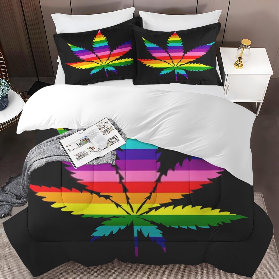 Pinbeam Comforter Set Queen Size, Rainbow Leaf Gay Pride Bedding Set for Kids and Adults Bedroom Decor, Love Women Teenage Comforter Set and 2 Pillow Cases