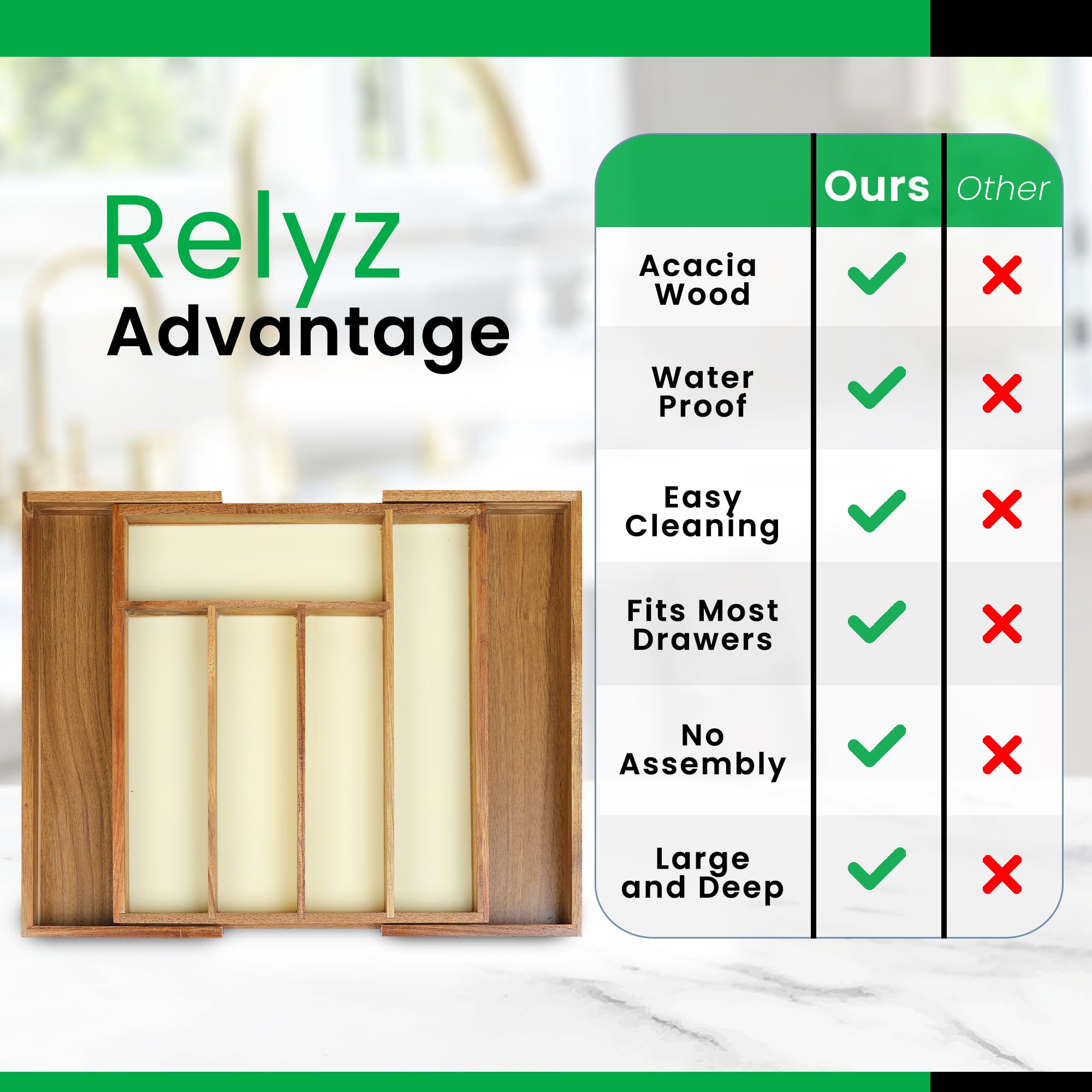 RELYZ Premium Acacia Expandable Drawer Organizer - Superior Tray with Groove Dividers for Cutlery (7 Slots, Natural)