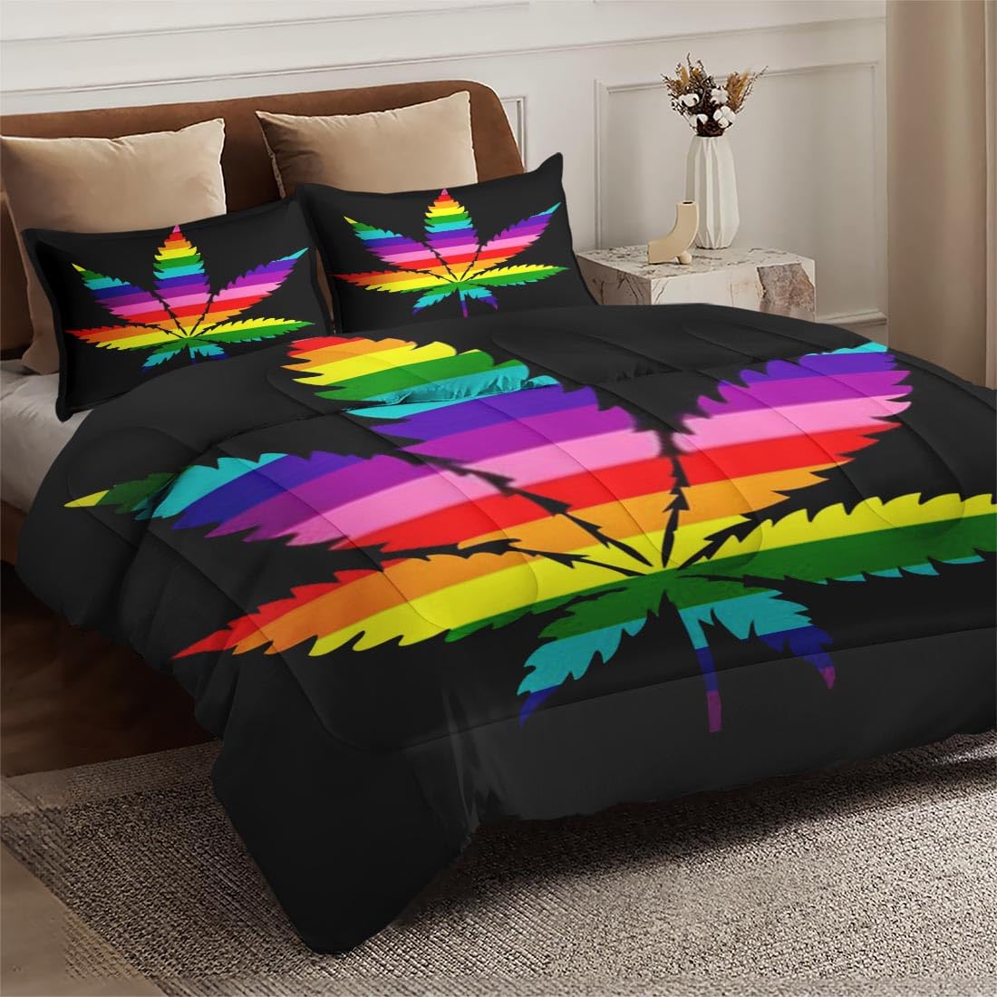 Pinbeam Comforter Set Queen Size, Rainbow Leaf Gay Pride Bedding Set for Kids and Adults Bedroom Decor, Love Women Teenage Comforter Set and 2 Pillow Cases