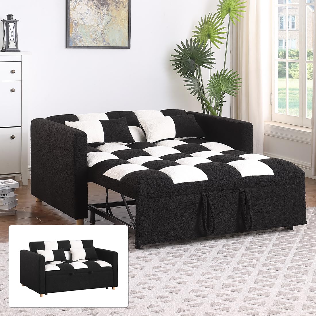 VITOVMA Twin Sleeper Sofa Teddy Fabric Loveseat Couch, 3 in 1 Convertible Sleeper Chair Bed Pull Out Sofabed with Reclining Backrest, 2 Pillows, RV Furniture for Small Places (Black & White)