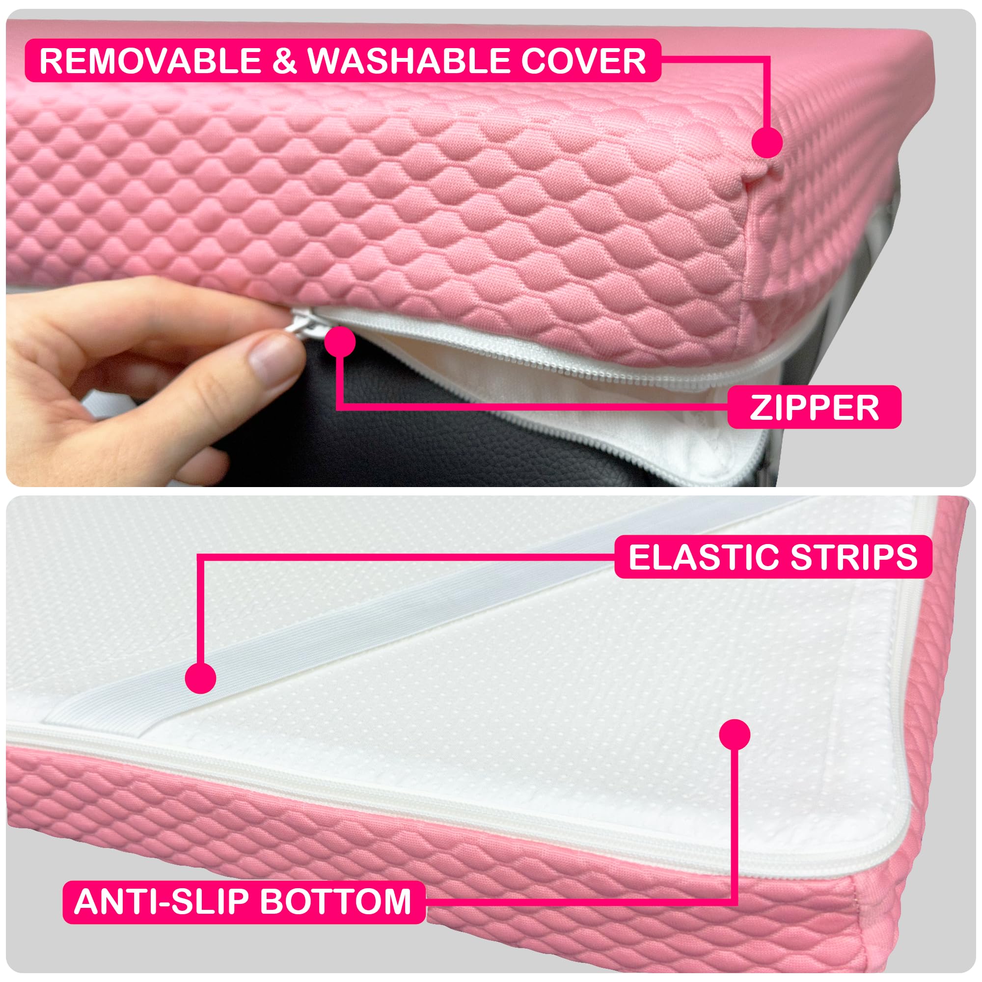 XOLLOZ | Lash Bed Mattress + Bed Cover + Pillow (Pink) | Mattress with Four Corner Straps & Anti-Slip Bottom | Curved Pillow with Neck & Back Support | Spa Bed Cover for Lash Extension Bed