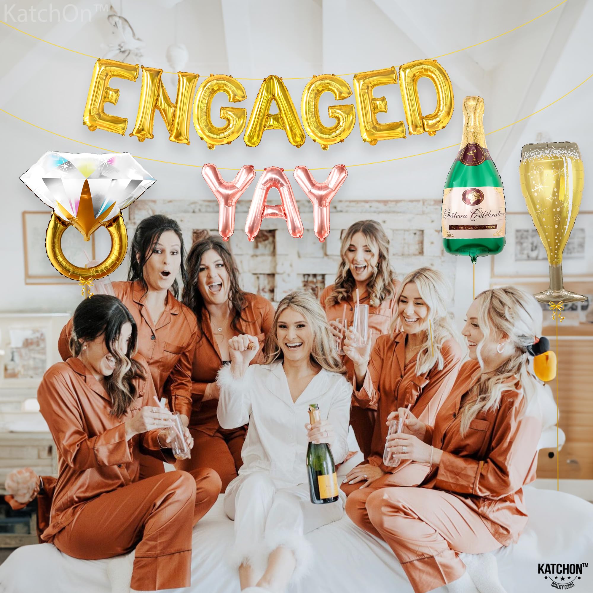 KatchOn, Yay Engaged Balloons Set - 37 Inch, Pack of 13 | Engagement Balloons, Engagement Party Decorations | Champagne Balloon, Engagement Decorations | Ring Balloons, Bachelorette Party Decorations